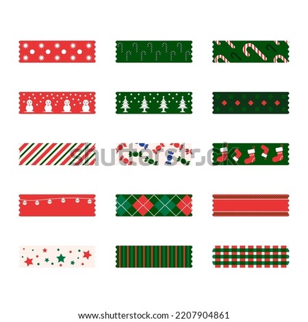 christmas decorative tape washi sticker strips for text decoration. Set of colorful patterned washi tape. Vector illustration