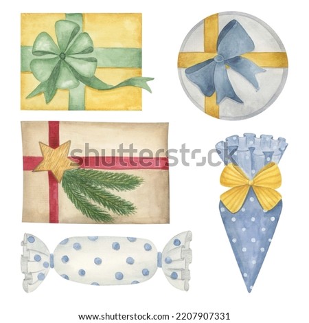 Christmas gift boxes illustration. Watercolor Christmas clipart set. Traditional noel decoration.