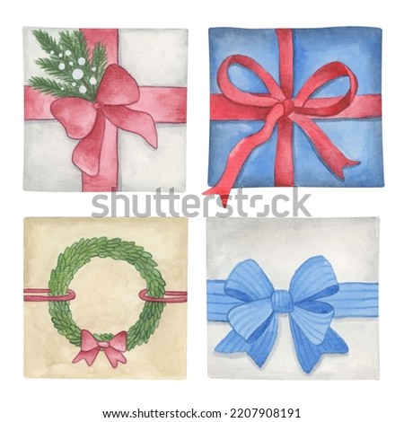 Christmas gift boxes illustration. Watercolor holiday clipart set. Traditional new year decoration.