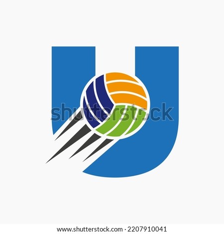 Initial Letter U Volleyball Logo Concept With Moving Volley Ball Icon. Volleyball Sports Logotype Symbol Vector Template