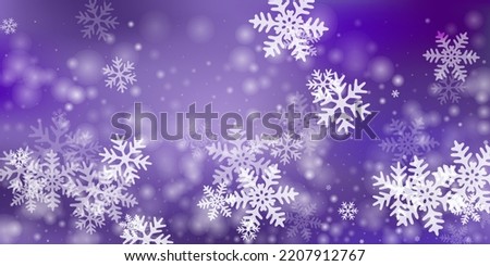 Minimal heavy snowflakes composition. Wintertime dust frozen particles. Snowfall weather white purple wallpaper. Fuzzy snowflakes december vector. Snow cold season landscape.