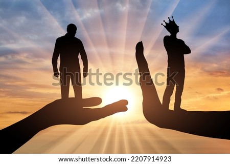 Selfishness. A distressed man on a begging hand and an arrogant man with a crown standing on the stop hand. The concept of selfishness and lack of compromise. Silhouette Royalty-Free Stock Photo #2207914923
