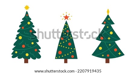 Vector New Year set with christmas trees. Cute evergreen trees with balls, stars and garlands. Fir trees for Christmas. 