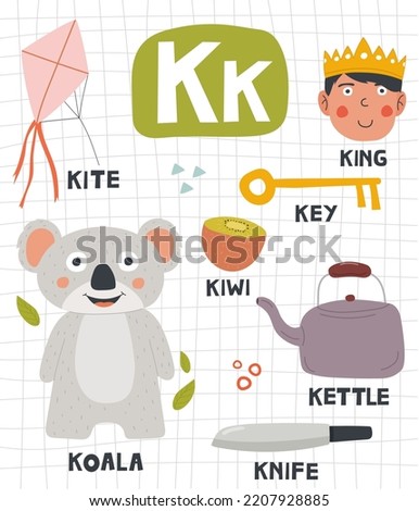Alphabet letter K with cute object and animal illustration for children learning