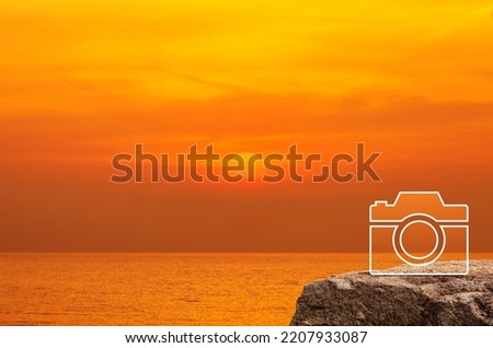 Camera flat icon on rock mountain over sunset sky and sea, Business camera service concept