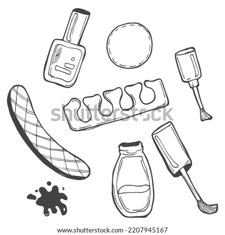 Various manicure accessories, equipment, tools. Nail scissors, nail file, tweezers, nail polish, nail oil, polish remover, brush etc. Hand drawn colored vector set. All elements are isolated