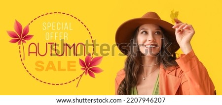 Beautiful fashionable woman on yellow background. Banner for autumn sale
