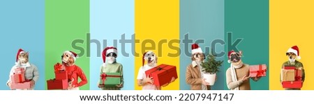 Many people with heads of animals in Santa hats holding Christmas gifts on color background