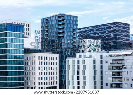 Oslo skyline modern city town architecture real estate office buildings at Barcode District in Norway