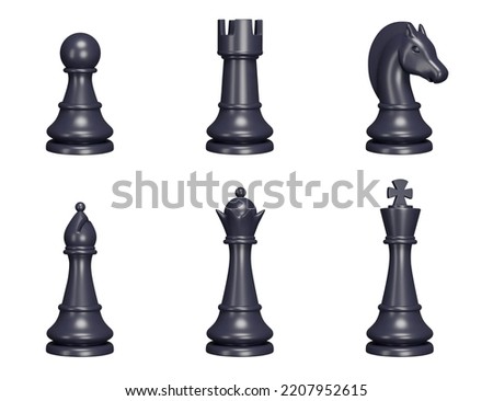 Chess pieces 3d set. Black Color. Pawn, king, queen, rook, knight, bishop. Isolated objects on a transparent background Royalty-Free Stock Photo #2207952615