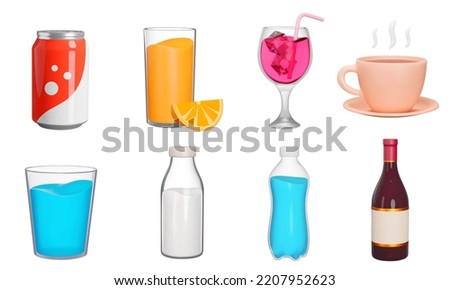 Drinks 3d icon set. Beverages. Soda, juice, alcohol, water, milk etc. Various vessels with liquid. Can, bottle, cup, glass. Isolated icons, objects on a transparent background Royalty-Free Stock Photo #2207952623