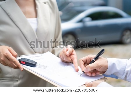 lease, rental car. Dealership manager send contract and car keys to new owner to sign. Sales, loan credit financial, rent vehicle, insurance, renting, Seller, dealer, installment, car care business
