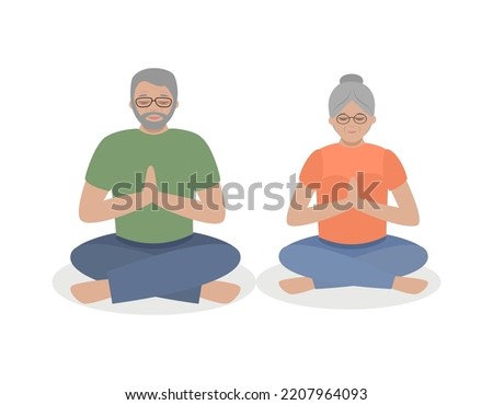 Elderly people meditate in the lotus position. Flat style. Vector illustration 