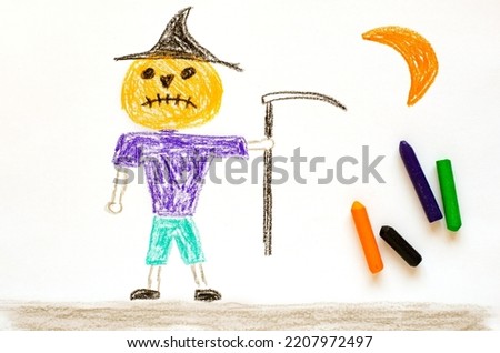 A monster with a pumpkin head. Children's drawing on paper. The concept of celebrating Halloween
