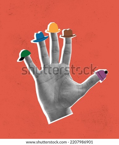 Contemporary art collage. Human hand with different hats on fingers. Autumn accessories collection. Concept of surrealism, fashion, creativity, retro style. Copy space for ad, poster