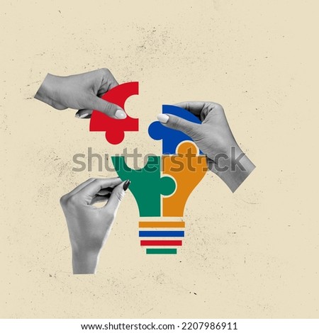 Contemporary art collage. Female hands putting puzzles together, making lightbulb composition symbolizing ideas and teamwork. Concept of surrealism, creativity, retro style. Copy space for ad, poster Royalty-Free Stock Photo #2207986911