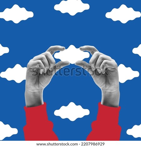 Contemporary art collage. Human hands holding small clouds over dawn sky background. Freedom, happiness and positivity. Concept of surrealism, creativity, retro style. Copy space for ad, poster