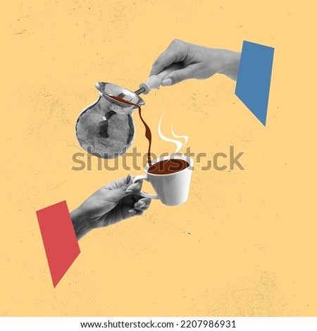 Contemporary art collage. Woman pouring warm coffee into cup from coffee cezve. Lunch break . Comfortable meeting. Concept of surrealism, creativity, retro style. Copy space for ad, poster Royalty-Free Stock Photo #2207986931