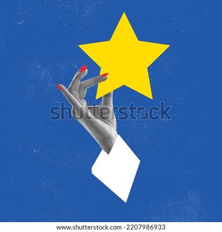 Contemporary art collage. Female hand holding big yellow star over blue background. Good luck symbol. Concept of surrealism, creativity, retro style, metaphor. Copy space for ad, poster
