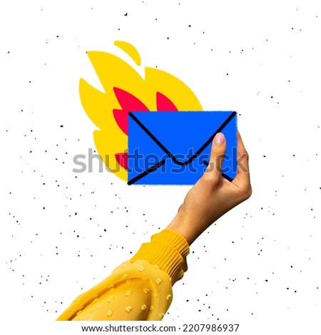 Contemporary art collage. Female hand holding burning letter symbolizing important news receiving. Concept of surrealism, creativity, retro style, bright design. Copy space for ad, poster