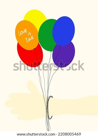 Hand with tied balloons. Drawn symbol of the LGBT movement. Design of postcards, advertising.