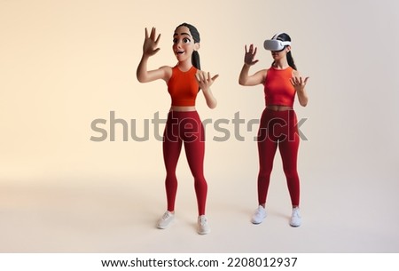 Experiencing the metaverse. Sporty young woman playing virtual reality games as a 3D avatar. Young woman exploring immersive technology while wearing a virtual reality headset.