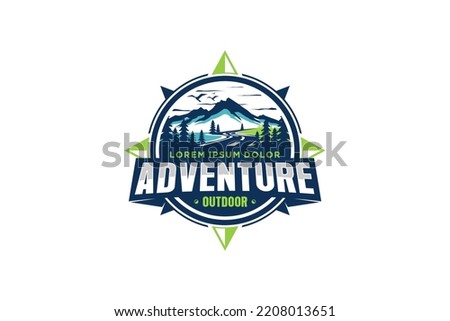 Mountain logo compass windrose design rounded shape rocky peak adventure outdoor Royalty-Free Stock Photo #2208013651