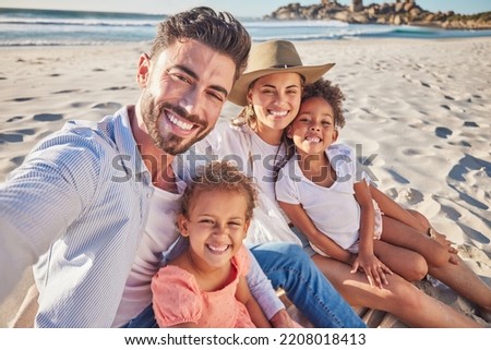 Family, selfie and kids bonding on beach in trust, safety and security summer holiday by Mexico ocean or sea. Pov portrait, smile and happy parents with children or girls for social media photograph