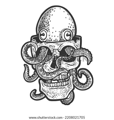 Octopus in human skull sketch engraving vector illustration. Scratch board imitation. Black and white hand drawn image.