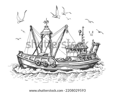 Fishing boat in sea. Seagulls and vessel, ship on the water. Seascape, fishery sketch vector illustration