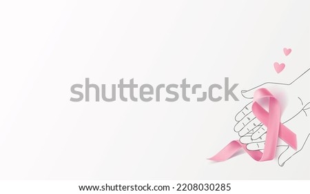 Hands Hold Pink  Breast Cancer Awareness Ribbon. Vector illustration