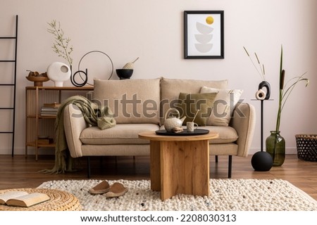 Domestic and cozy interior of living room with beige sofa, plants, shelf, coffee table, boucle rug, mock up poster frame, side table, plant and elegant decoration Beige wall. Home decor. Template.	