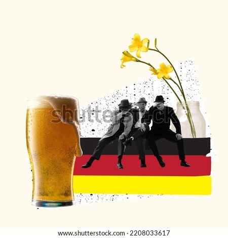 Group of young people at Oktoberfest. Conceptual creative art collage. Minimalism. Concept of learning foreign language. Distance education, remote school, studying. Global communication