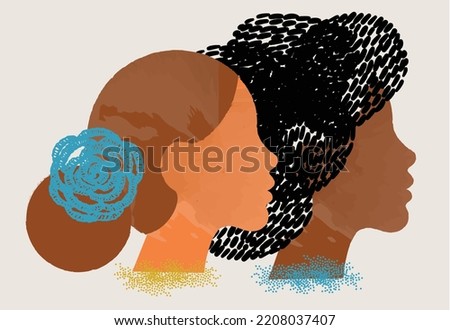 diversity people - interracial lesbian couple face vector illustration -  side by side - latin woman and brown hair - black woman and black hair Royalty-Free Stock Photo #2208037407