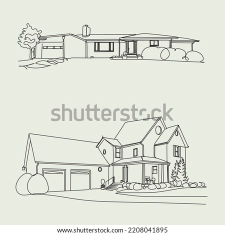 House vector. A set of images of modern  houses in different architectural styles. Vector fline art illustration.