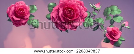 Colorful flower bouquet from red roses for use as background. Banner size. High quality 3d illustration