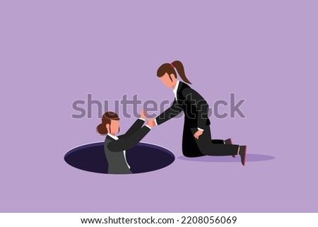 Character flat drawing competitive businesswoman helping her friend by take her out from hole. Two women one of whom helps another. Business struggle and teamwork. Cartoon design vector illustration