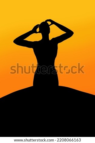 Woman silhouette at sunset illustration. Vertical design for social media posts.