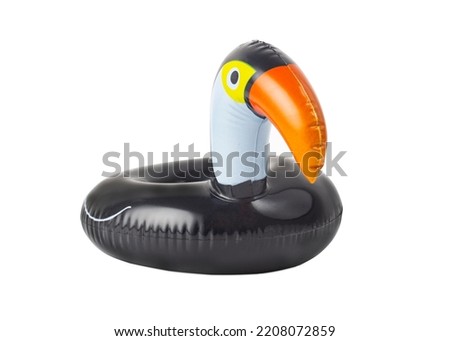 Inflatable toucan cup holder isolated on a white background. Swimming pool cup holder. Front view.