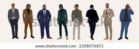 Set of different Businessmen in suits and tuxedo standing, front and back view. Handsome african american men in formal office outfit. Cartoon male characters Vector realistic illustrations isolated. Royalty-Free Stock Photo #2208076851