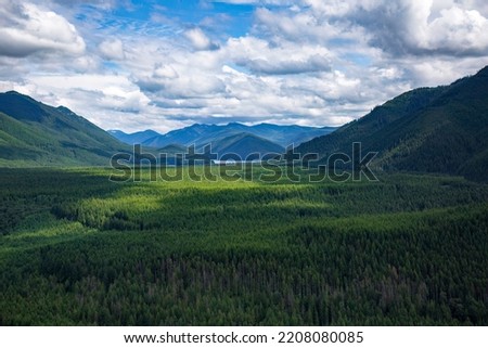 Beautiful Mountain landscape in the Snoqualmie National Forest of Washington state. View from above of a natural pine forest in the Pacific Northwest USA. Natural beauty of a scenic background Royalty-Free Stock Photo #2208080085