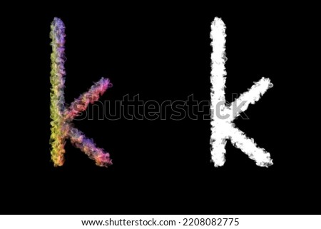 Small letter k made of smoke illuminated by colored lamps, isolated on black with clipping mask, 3d rendering
