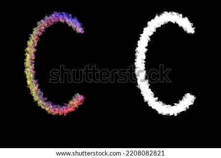 Letter C made of smoke illuminated by colored lamps, isolated on black with clipping mask, 3d rendering