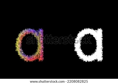 Small letter a made of smoke illuminated by colored lamps, isolated on black with clipping mask, 3d rendering