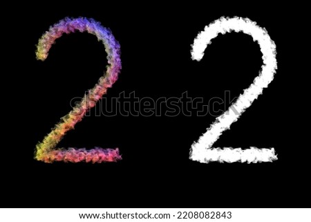 Number 2 made of smoke illuminated by colored lamps, isolated on black with clipping mask, 3d rendering