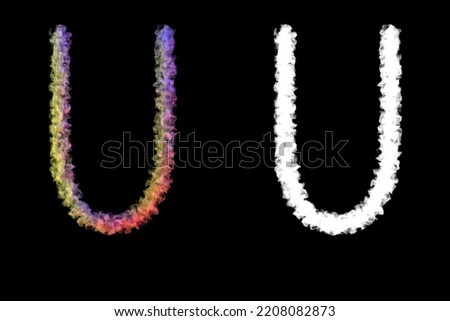 Letter U made of smoke illuminated by colored lamps, isolated on black with clipping mask, 3d rendering