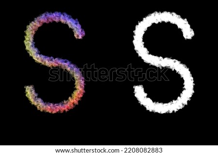 Letter S made of smoke illuminated by colored lamps, isolated on black with clipping mask, 3d rendering