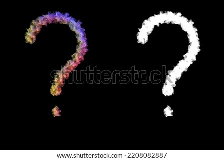 Question mark made of smoke illuminated by colored lamps, isolated on black with clipping mask, 3d rendering