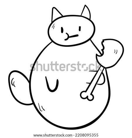 Cute doodle cat with meat. Animal pet icon. Black line art on white background.