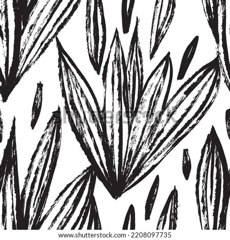 Primitive, black and white, hand drawn with dry brush, seamless pattern of flowers. Can be used for a textile design, wrapping paper, wallpapers.